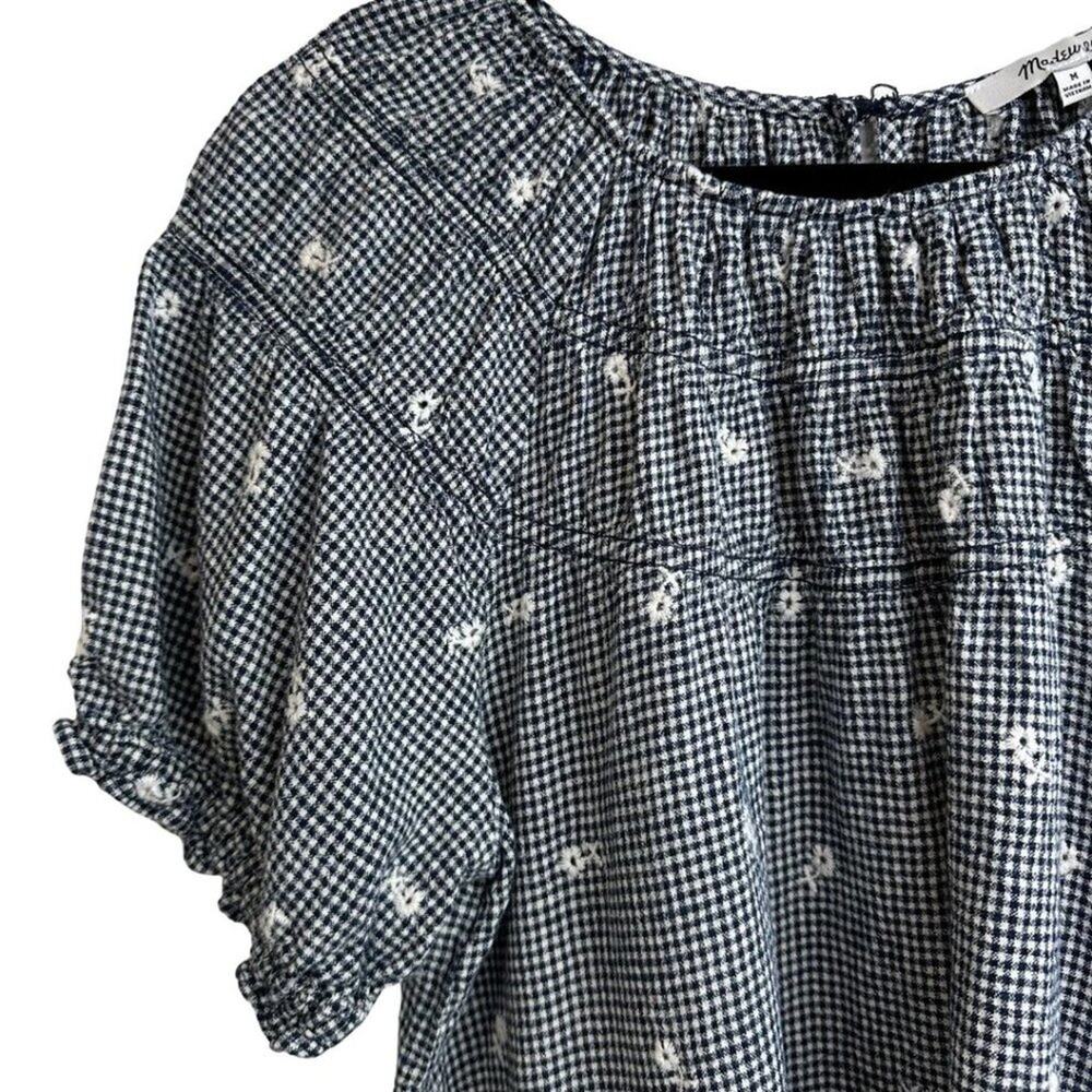 Madewell Embroidered Gingham Shirred Puff-Sleeve Top M - Picture 7 of 12
